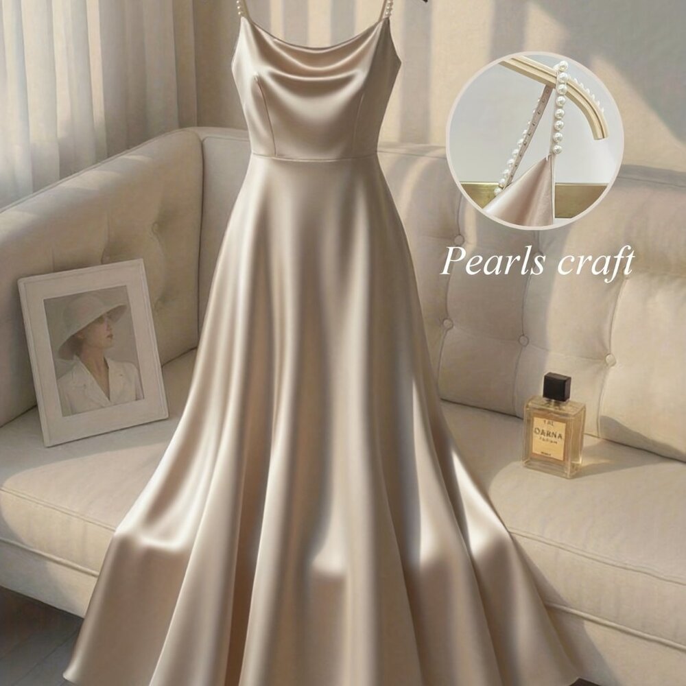 Elegant Pearl-Adorned A-Line Strapless Mermaid-like Dress - Beige